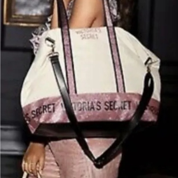 NEW Victoria's Secret Canvas Duffle Weekender Tote Bag pink glitter logo NWT - Picture 4 of 7